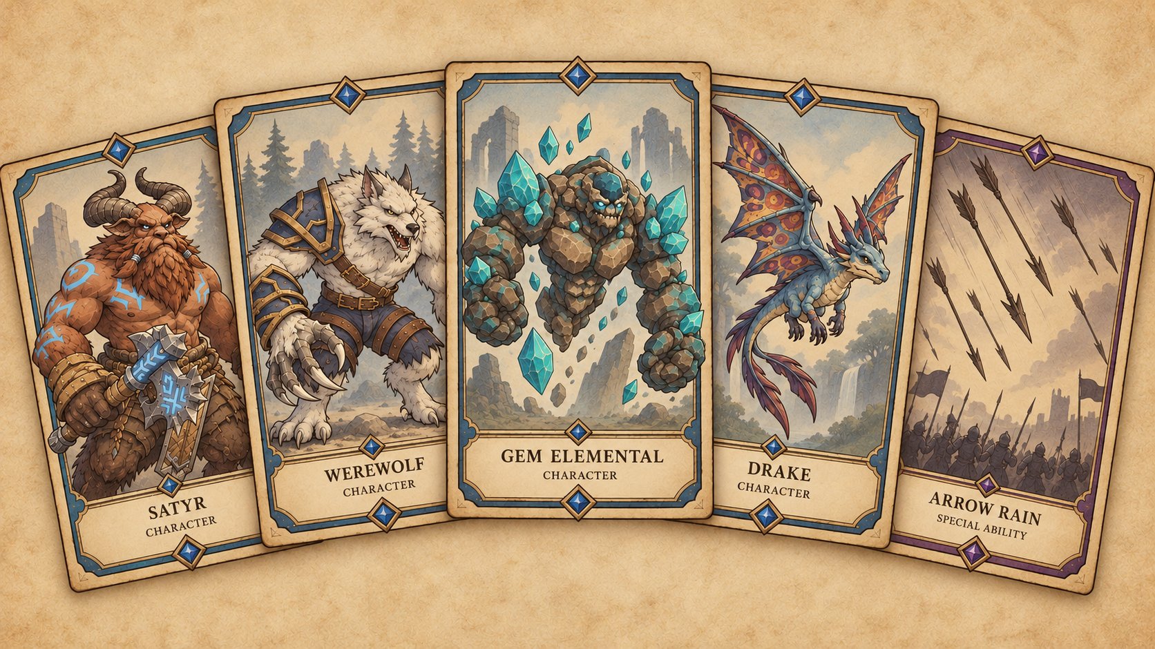 Keystrike cards: Satyr, Werewolf, Gem Elemental, Drake and Arrow Rain