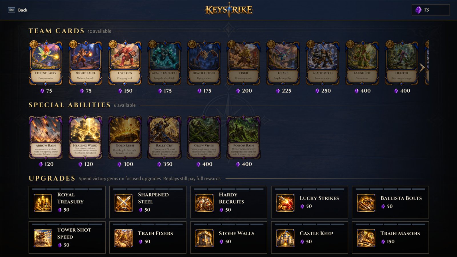 Spend gems on cards, abilities and upgrades.